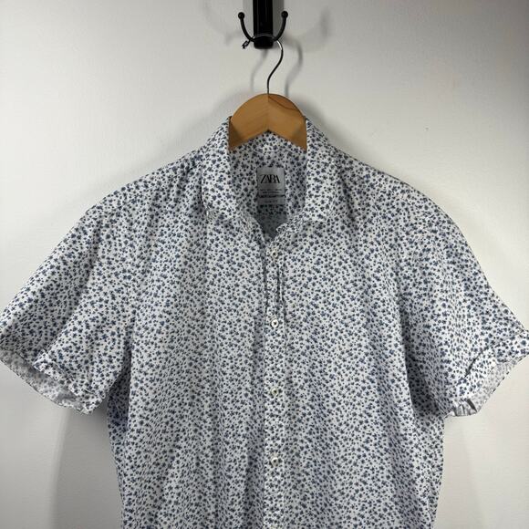 Zara Shirt Men L Blue White Floral Camp Slim Fit Button Down Spring Preppy - Picture 3 of 8